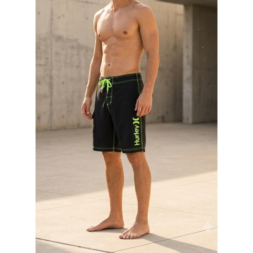 Hurley‎ Board Shorts Black Neon Green Contrast Stitch Surf Swim Trunks 34